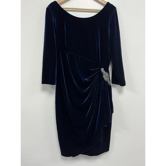 ALEX EVENINGS Plus Size Ruched Velvet Dress Blue Stones Size 16 A000149 - Picture 4 of 12